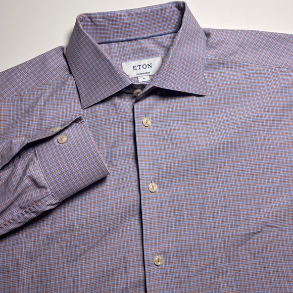 Eton Contemporary Fit Dress Shirt Mens XL 43/17 Blue Orange Micro Check Formal - Picture 3 of 7